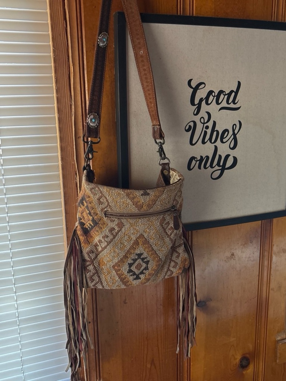 Myra Bag Brown and Tan Boho Fringe Crossbody with Turquoise Accents - Picture 4 of 5